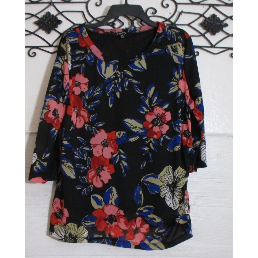 George Women's Knit Top Size XL 3/4 Sleeve Black Floral Round Neck